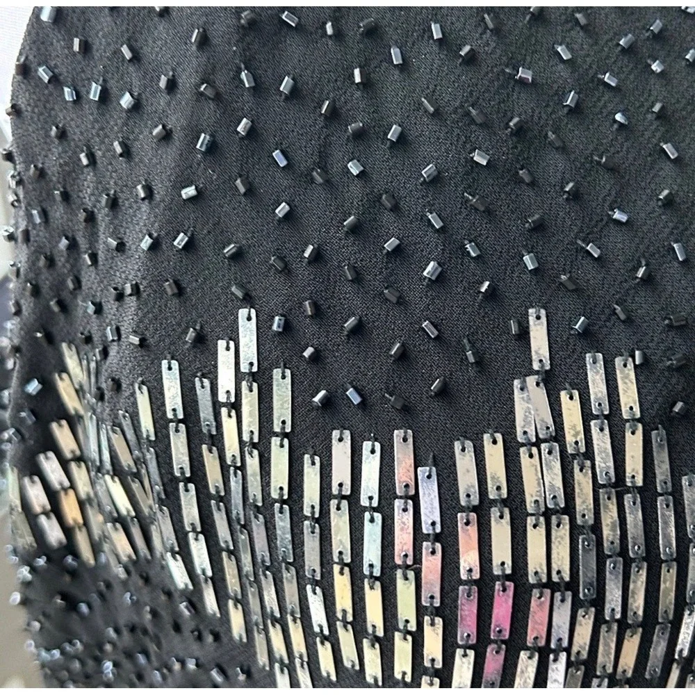 Cachet‎ Black Beaded Maxi Dress Silver Geometric Sequin Halter Gown Size 8